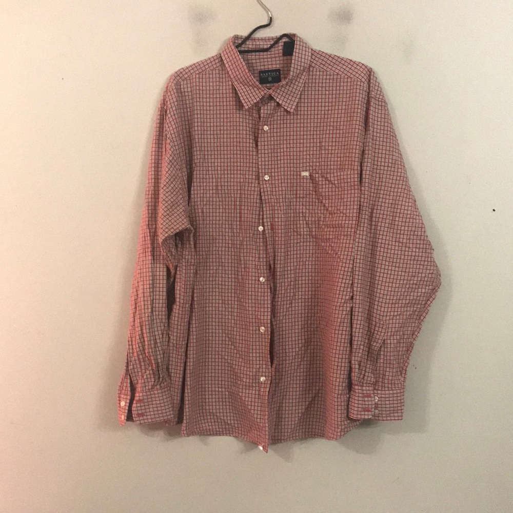 Red multicolor plaid button down mens Nautica size XL long sleeved shirt